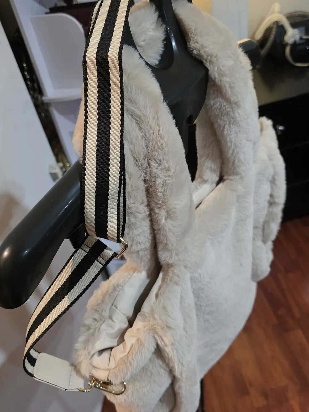 & Other Stories Plush Faux Fur Tote in Light Beige with Striped Strap